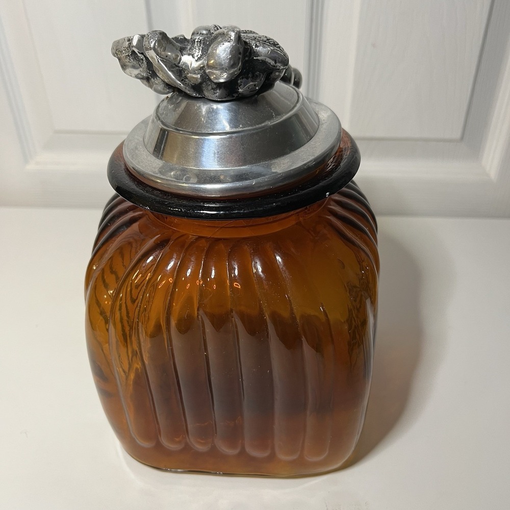 Large Ribbed Amber Glass Canister Jar Cast Metal Grapes Handle Lid 9"x7"x7" - Picture 5 of 6